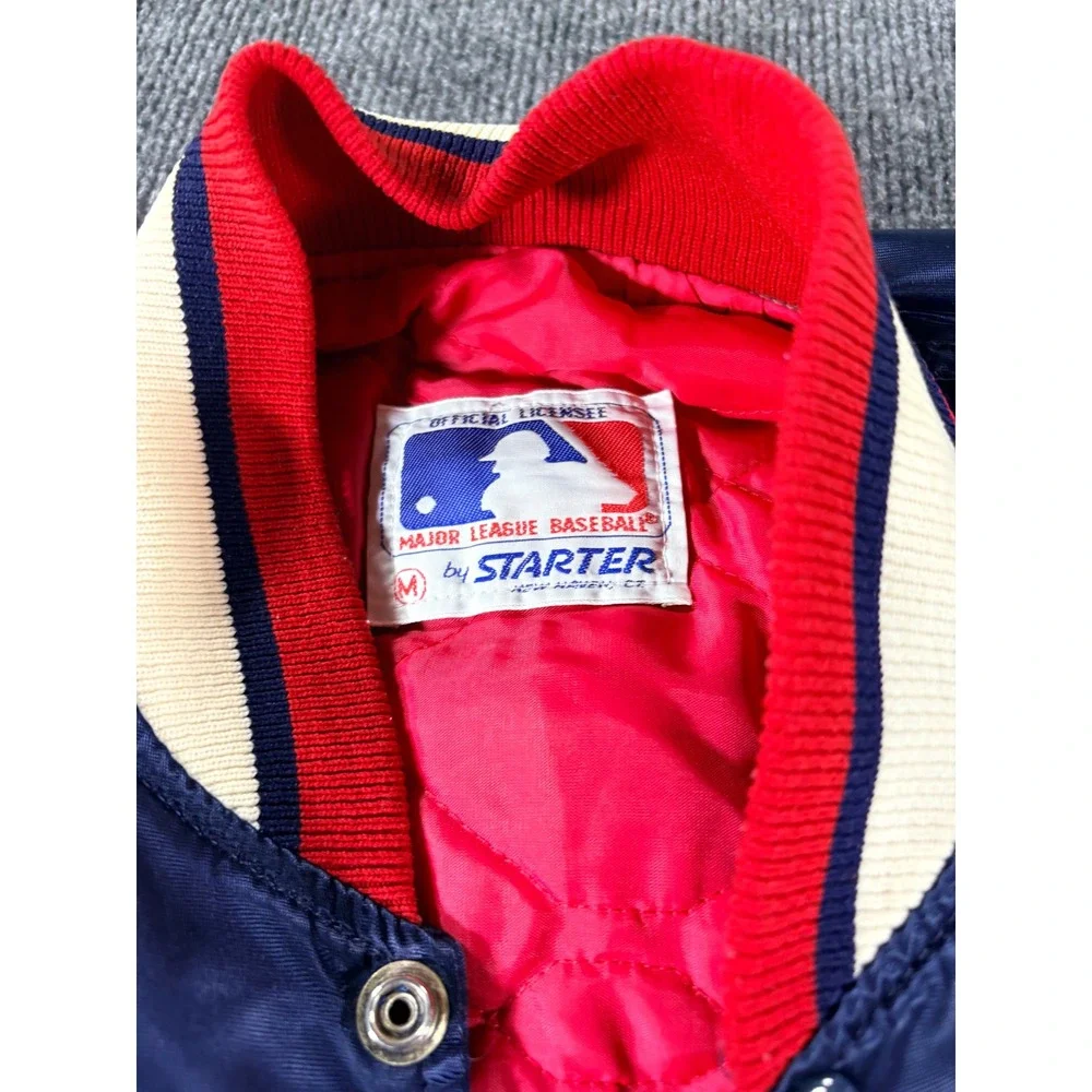 Vintage Starter Atlanta Braves Satin Bomber Jacket Navy Blue MLB Mens Medium USA